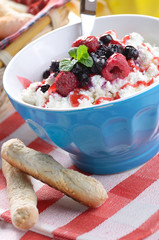 Cottage cheese in blue bowl