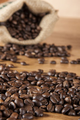 Coffee theme with wooden table and dark background