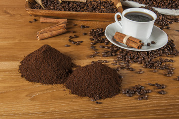 Coffee beans, wooden table with ambient light