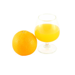 Orange juice in brandy glass and fruit on white background.