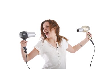 wild young beautiful woman with two hairdryer (white background)