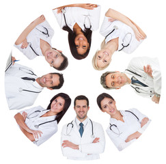 Low angle view of diverse group of doctors