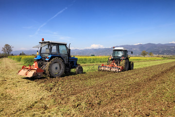 tractors plowing a field