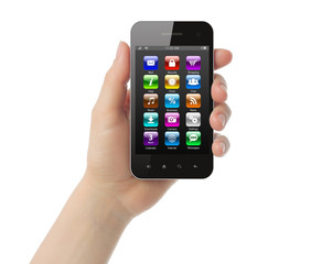 Woman hand holds smart phone with icons on white background .