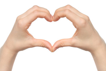 Human hand heart on white background.