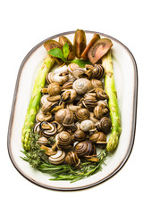 Escargot with asparagus, rosemary, thymus and tomato