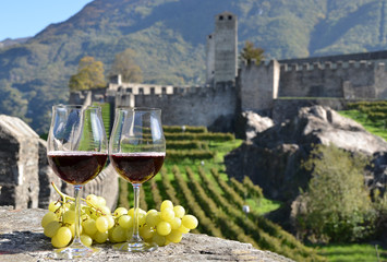Pair of wineglasses and grapes. Bellinzona, Switzerland