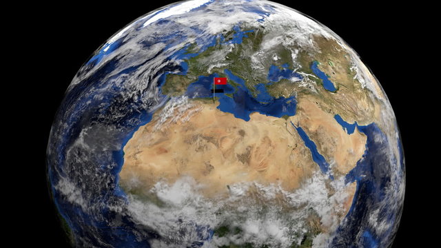 Tunisia flag on pole on earth globe animation