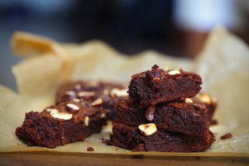 Chocolate fudge cake or brownie with hazelnuts, sliced portions