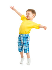 Funny kid boy with open arms isolated on white studio shot.