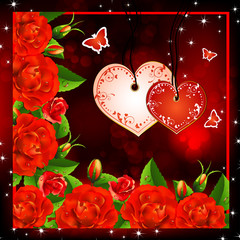 Valentine background. Red roses with hearts and butterflies