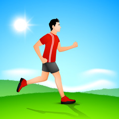 Young guy running in the morning, beautiful summer background.