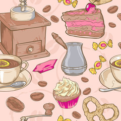 Sweet coffee and candies seamless pattern