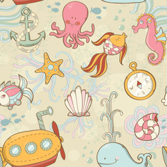 Underwater creatures cute cartoon seamless pattern