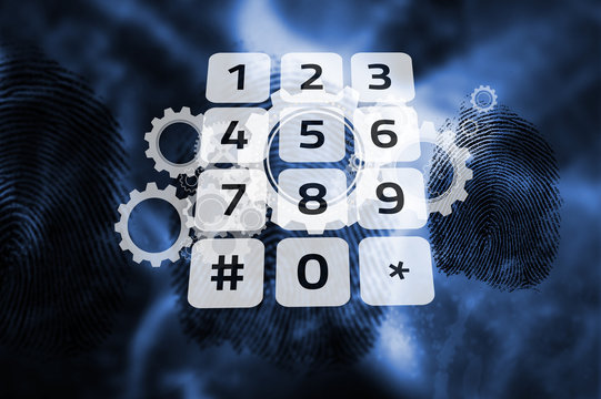 Keypad on digital cog and wheel background