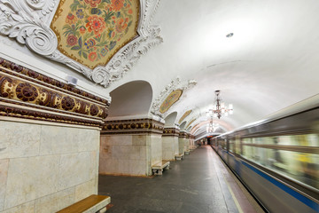 Train in metro station Kievskaya in Moscow, Russia