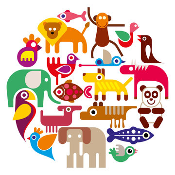 Zoo Animals - round vector illustration