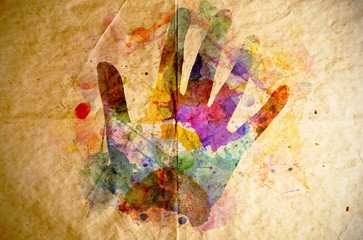 Watercolor handprint, old paper background