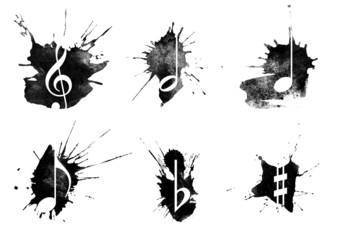 Ink splatter, music icons set on white background