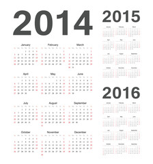 Simple european 2014, 2015, 2016 year vector calendars