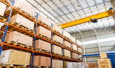 Shelves and racks in distribution warehouse interior