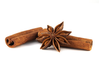 Cinnamon sticks and anise star. Isolated