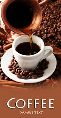 Cup and pot of coffee on coffee beans background