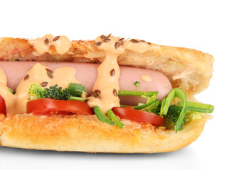 Delicious hot dog isolated on white
