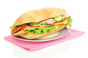 Fresh and tasty sandwich with ham and vegetables isolated