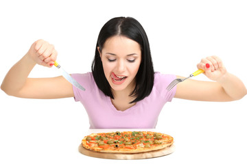 Beautiful girl wants to eat pizza isolated on white