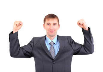 Cheerful young businessman isolated on white.