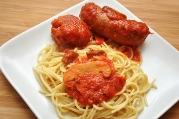 Spaghetti, Meatball and Sausage with Mushroom Sauce