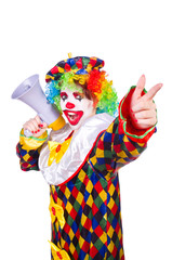 Clown with loudspeaker on white