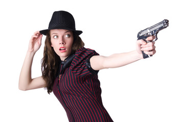 Woman gangster with handgun on white
