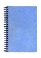 Grunge blue notebook isolated on white.