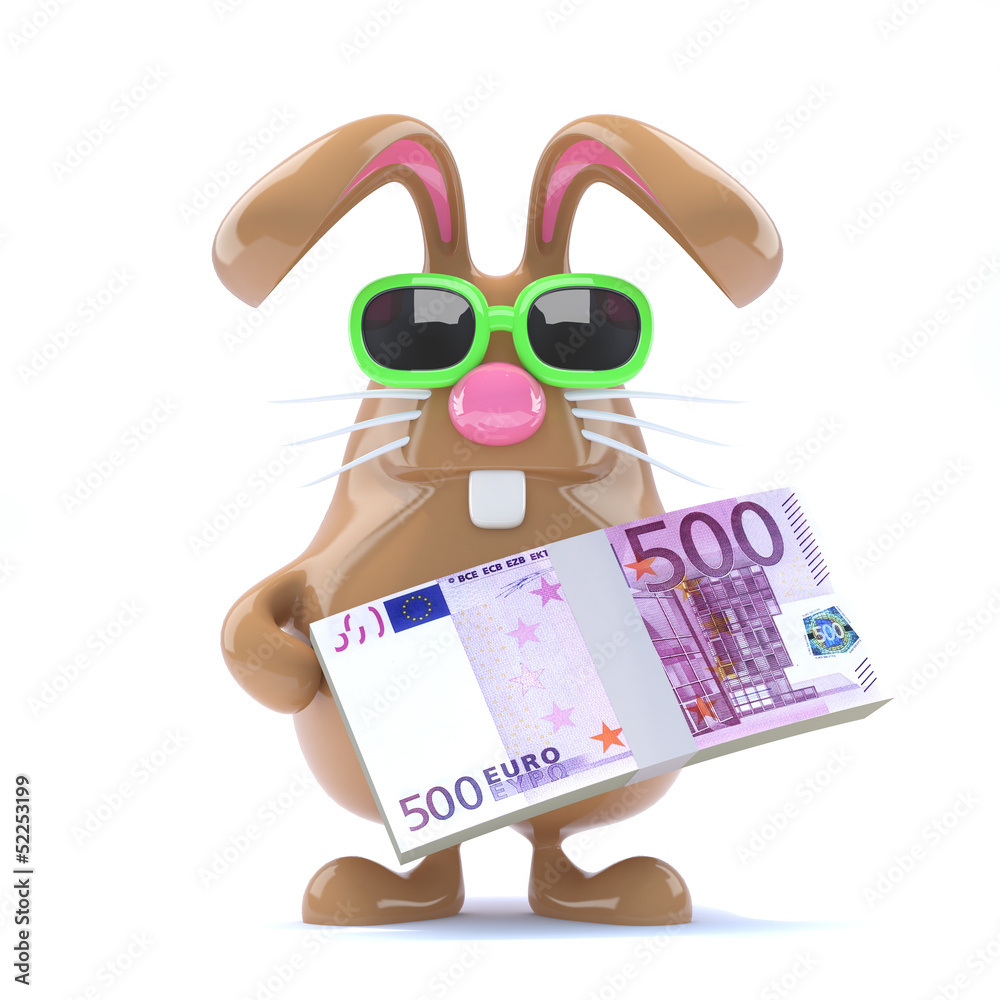 Wall mural chocolate bunny has a wad of euro bank notes