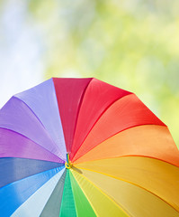 Walk in a park concept, rainbow umbrella on a tree background