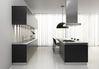 Contemporary minimal dark wood kitchen with black plastic chairs