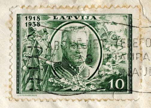 Canceled latvian stamp "General Balodis"