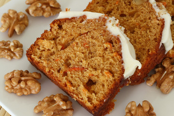 Carrot and walnut cake with marzipan icing