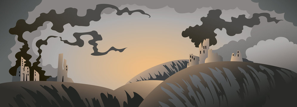 Apocalyptic landscape with ruined buildings, vector