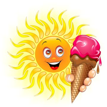 Sun Cartoon With Ice Cream-Sole Con Gelato-Vector