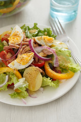 Salad nicoise. Tuna, eggs, potatoes, green beans, tomatoes
