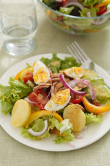 Salad nicoise. Tuna, eggs, potatoes, green beans, tomatoes