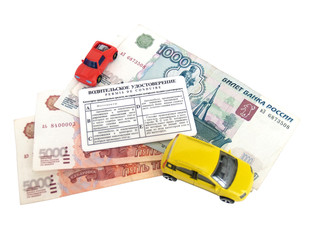Driver's license, Russian money and models of cars