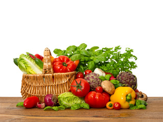 fresh vegetables and herbs. shopping basket