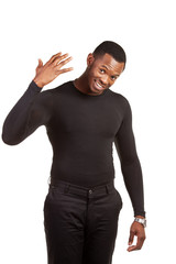 Happy African American male on white background