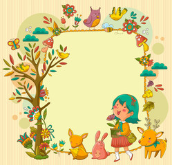 frame with a girl, animals and plants