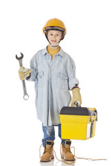 Construction kid with wrench and tool box