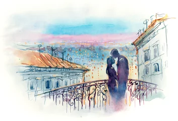 Photo sur Plexiglas Peintures couple d& 39 amoureux dans la ville